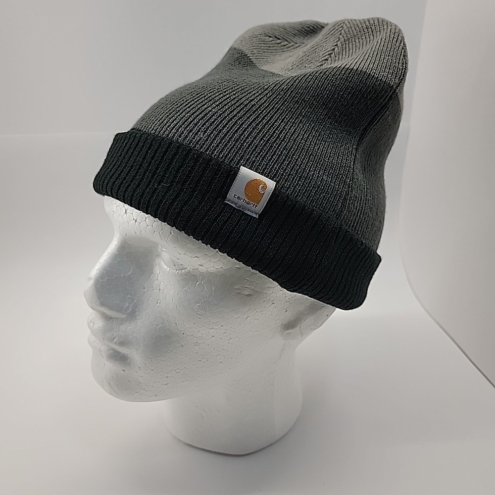 CARHARTT Beanie Cap Gray Black Stripe Stretch Knit One Size Wear Two Ways EUC